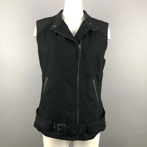 Lucky Brand Canvas Leather Contrast Moto Vest L Black Pockets Belted